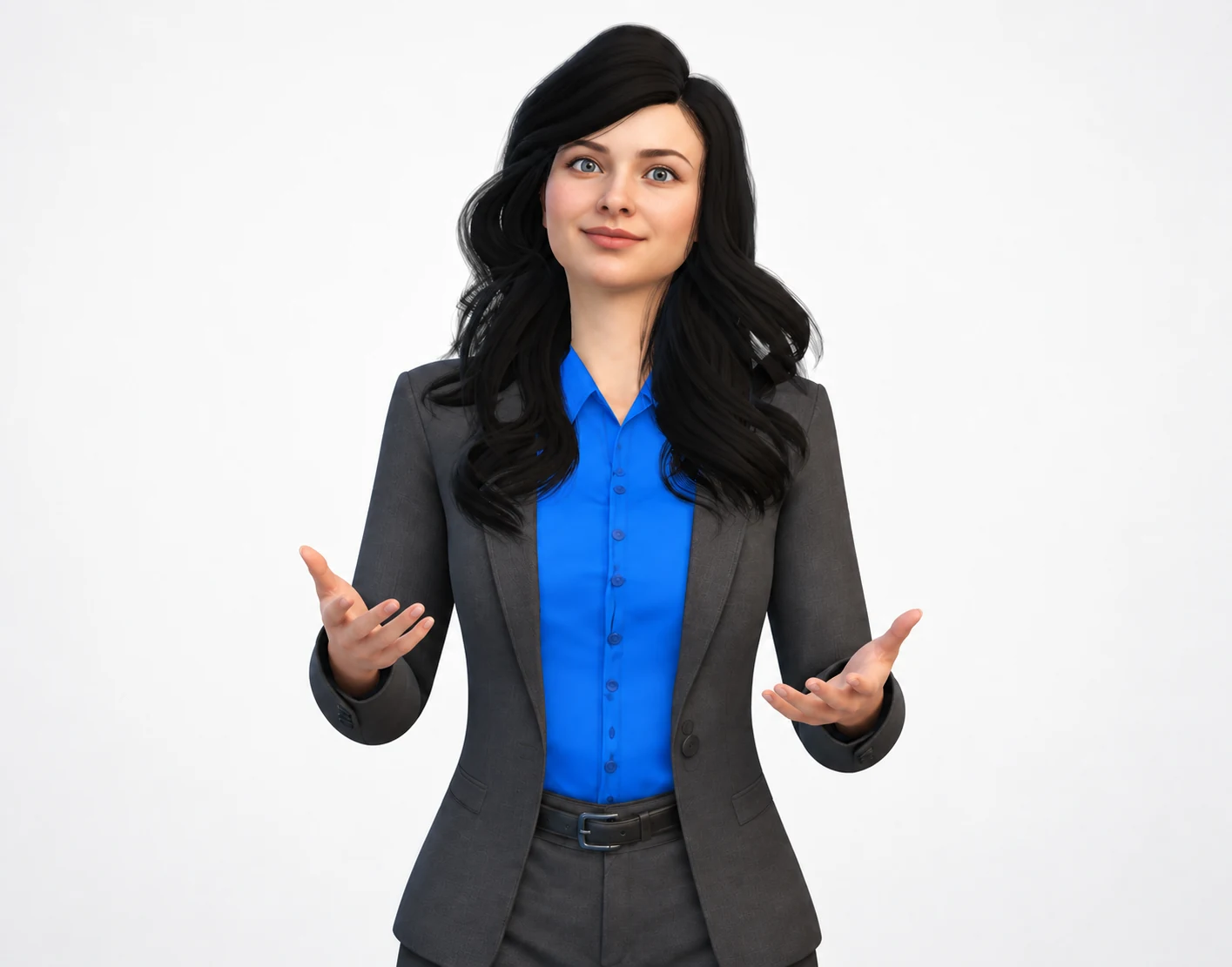Lia, avatar 3D NeoTalk, com camisa azul e blazer escuro